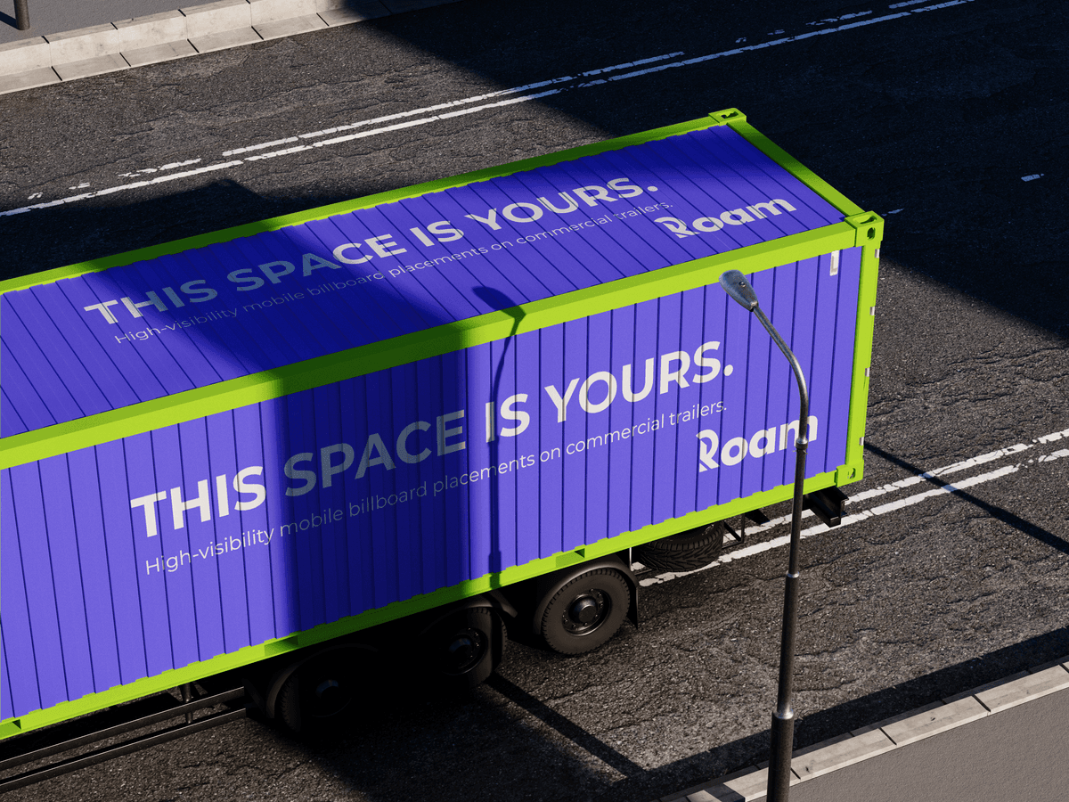 Roam branded shipping container on highway